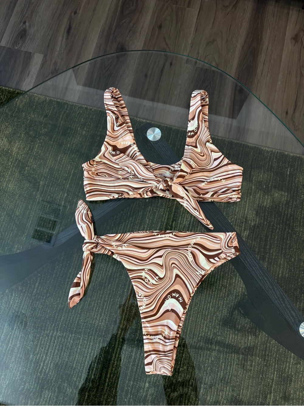 iNAMORATA Swirl-Striped Tie-Front Bikini Top and Tie-Side Bottom Size: M